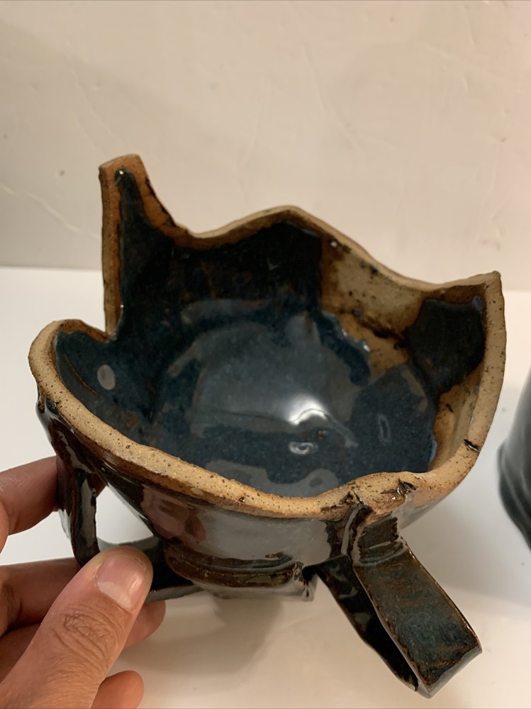 RARE Amanda Pottery Studio Stoneware Glazed Blue Cookie Jar Unique Shape Signed