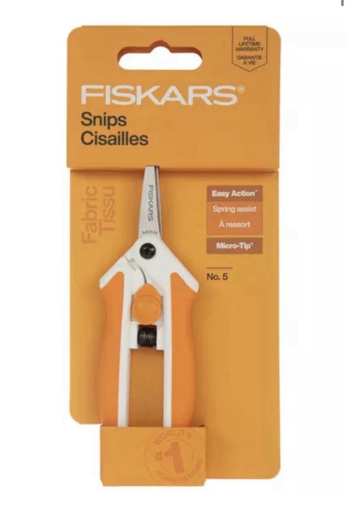 Fiskars No. 5 Steel Fabric Snips Spring-Action Handle Micro-Tip Straight Blade