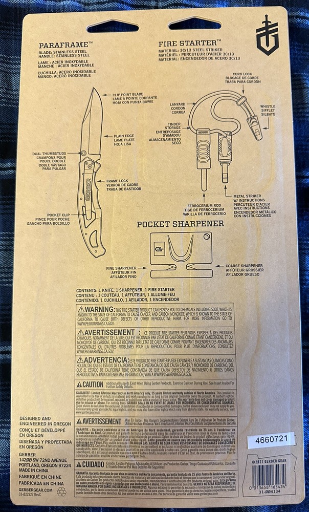 New Gerber Paraframe Folding Knife Combo Kit Fire Starter & Sharpener 31-004134
