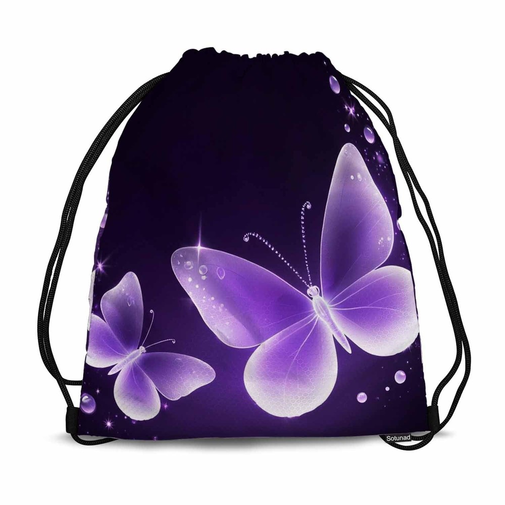 Two Butterfly Big Small Bubbles Bright Star Purple Background Drawstring Back...