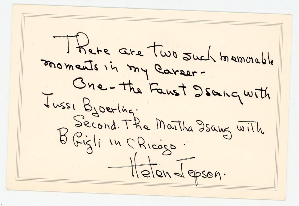 Helen Jepson - Signed Handwritten Note