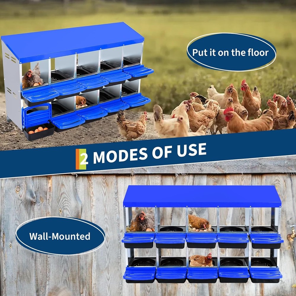 10-Compartment Chicken Nest Box Mental Roll Away Nesting Box Laying Eggs Blue