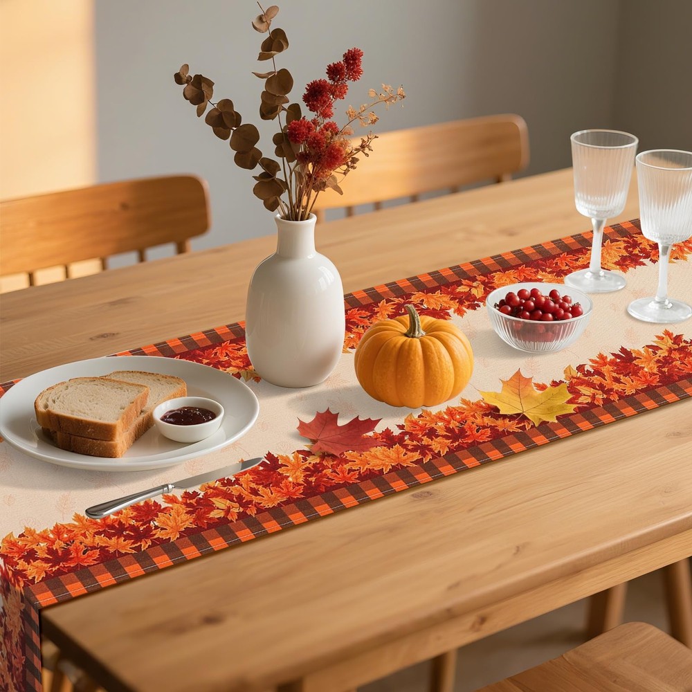 Fall Maple Leaf Table Runner, 13x72, Thanksgiving Harvest, Polyester Fabric