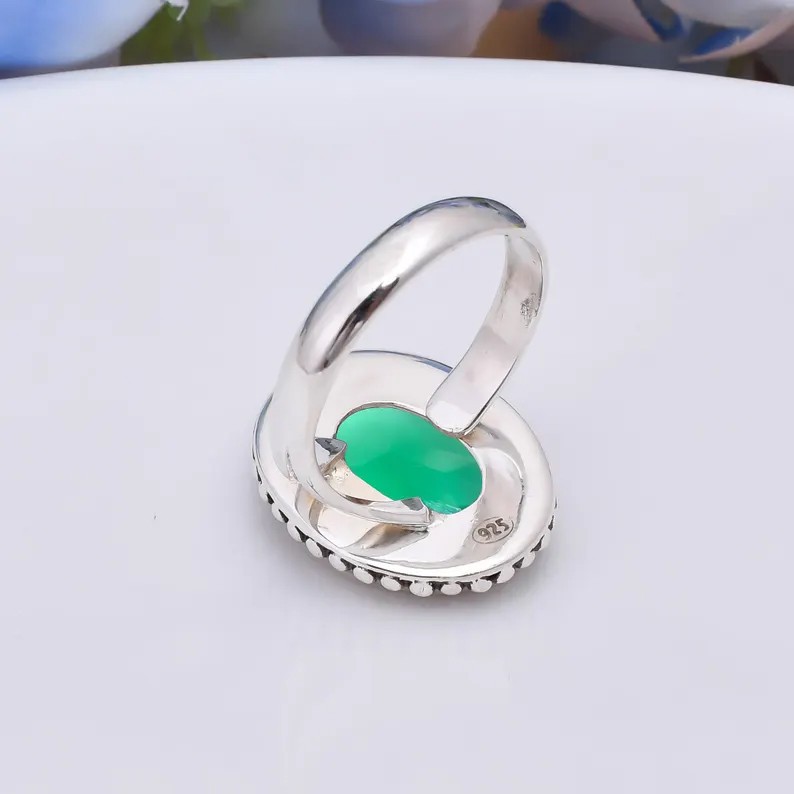 Solid 925 Sterling Silver Natural Green Onyx Artisan Handmade Statement Ring