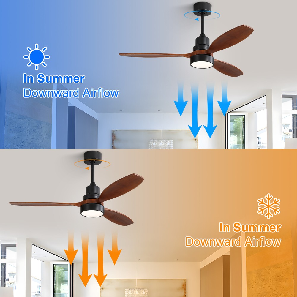 52in Modern Ceiling Fan with Intergrated LED Light and 3 Solid Wood Blades Quiet