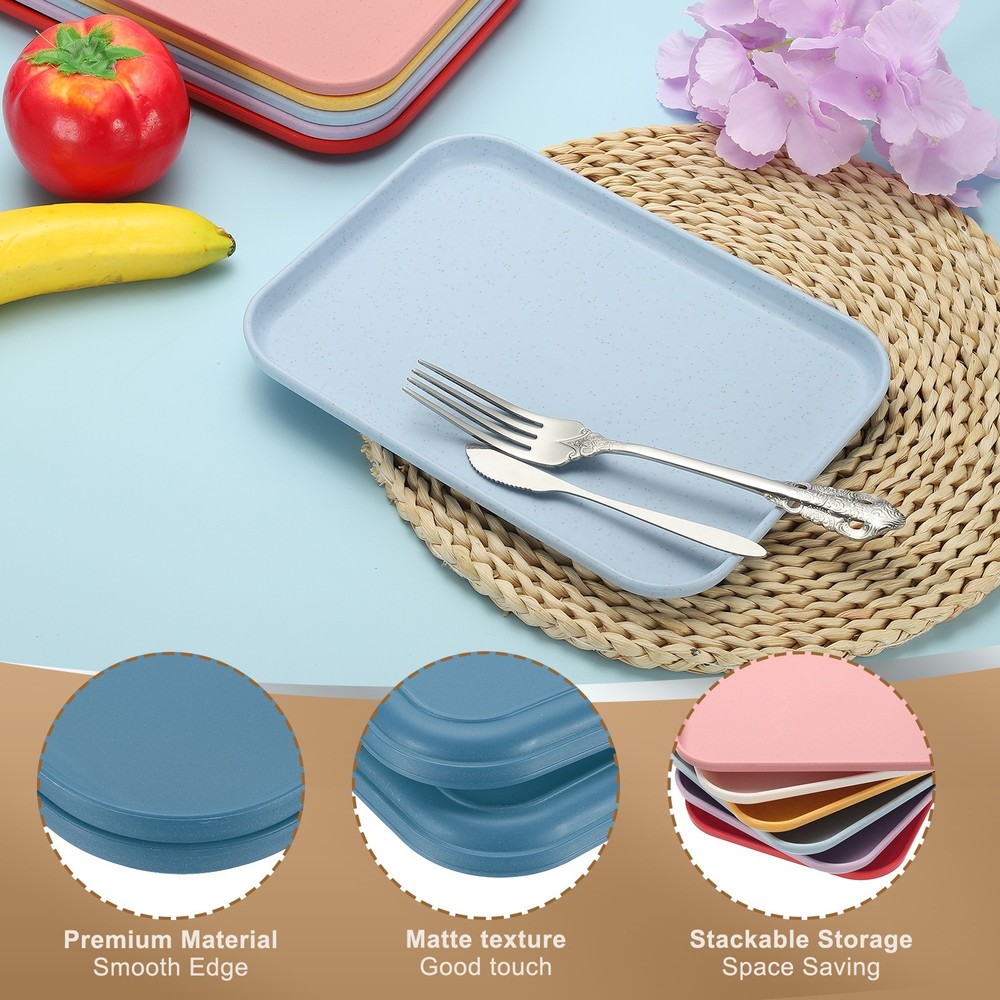 2Pcs 9.5x6.9" Rectangular Plates Wheat Plastic Dinner Plates Dark Blue