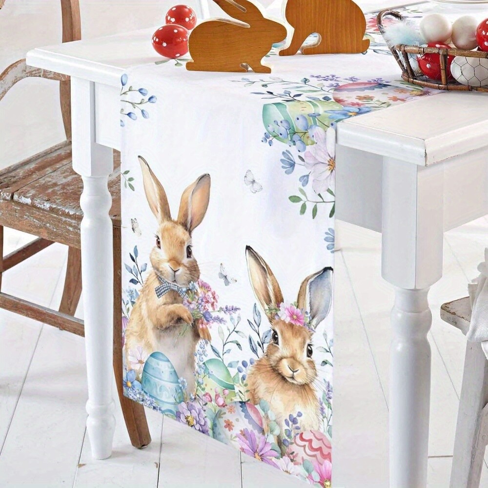 1 PC Easter Table Flag Bunny Eggs Long Eucalyptus Leaf Print Table Runner