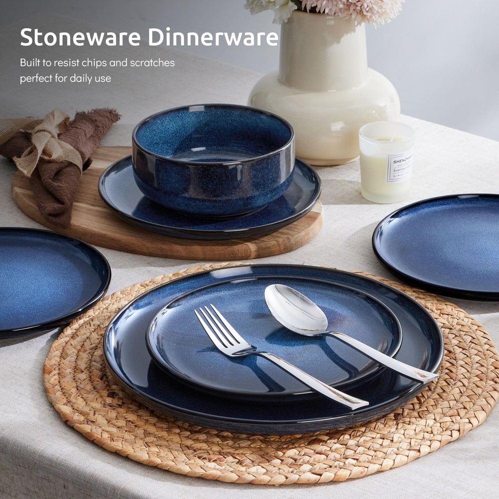 Dinnerware Sets for 4, 12-Piece Stoneware Plates Deep Sea Blue Service for 4