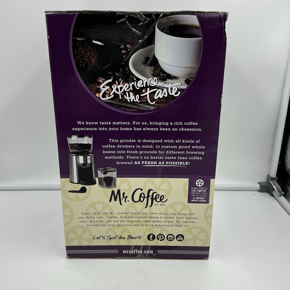 Mr. Coffee Automatic Burr Mill Coffee Grinder with 18 settings / cups Silver