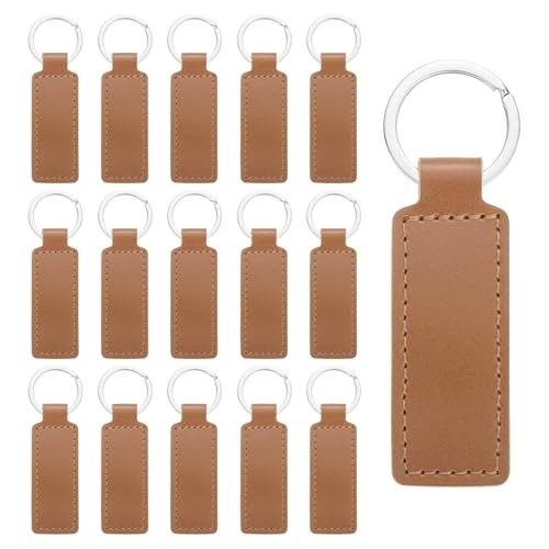 15 Pcs Leather Keychain Blanks Bulk Rectangle Laser Engraving Keychain Brown
