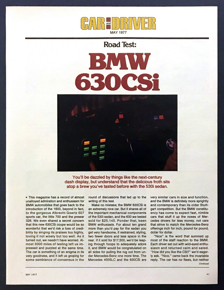 1977 BMW 630CSi Coupe Road Test Technical Data Review Article