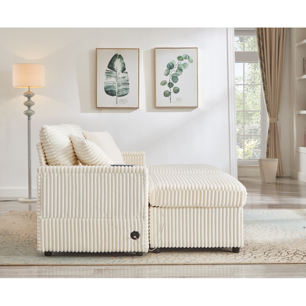 Soft Corduroy Storage Sofa w/ Ottomans & Table Board, White