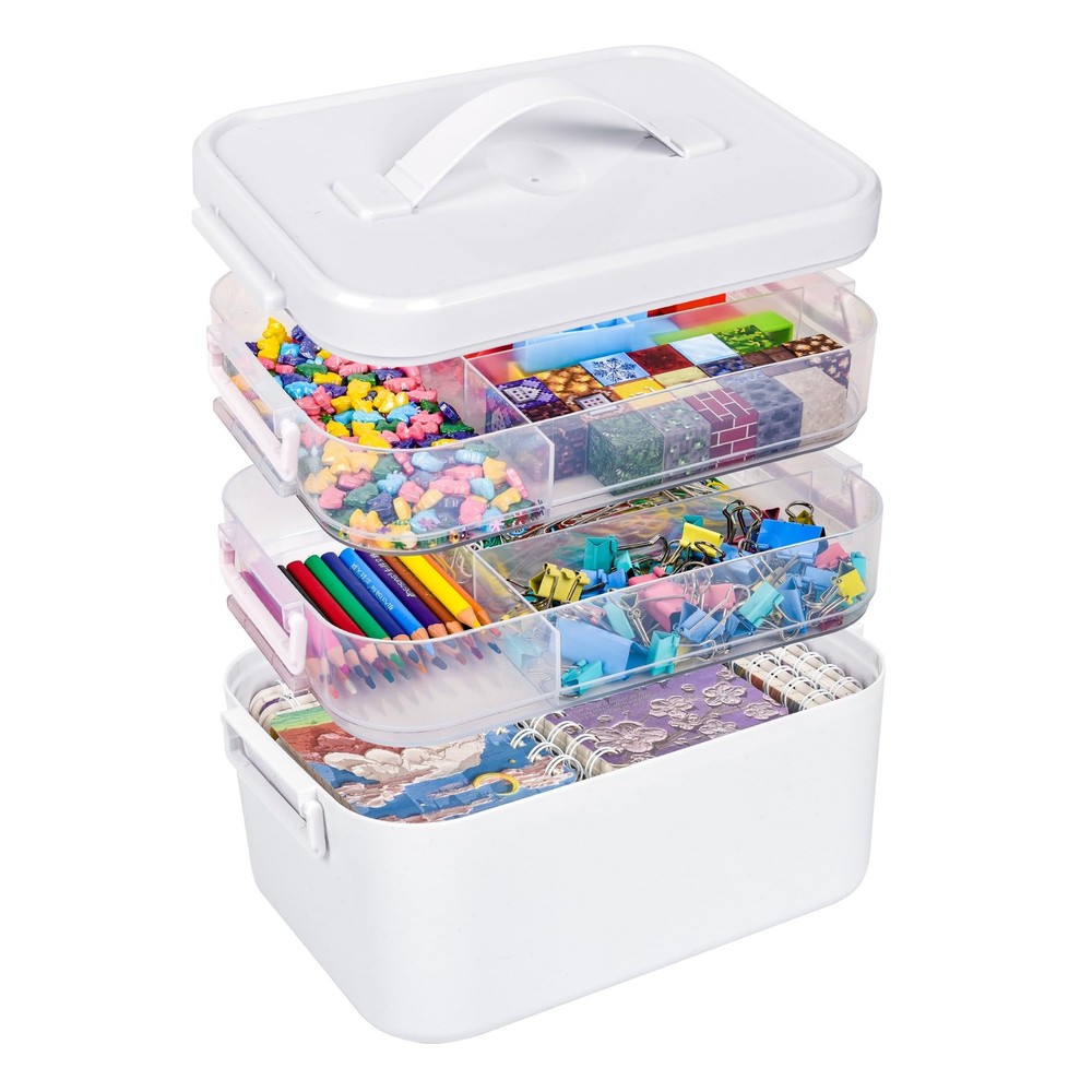 MERATIA 3-Tier Art Supply Storage Container, Stackable Craft Organizer Box wi...