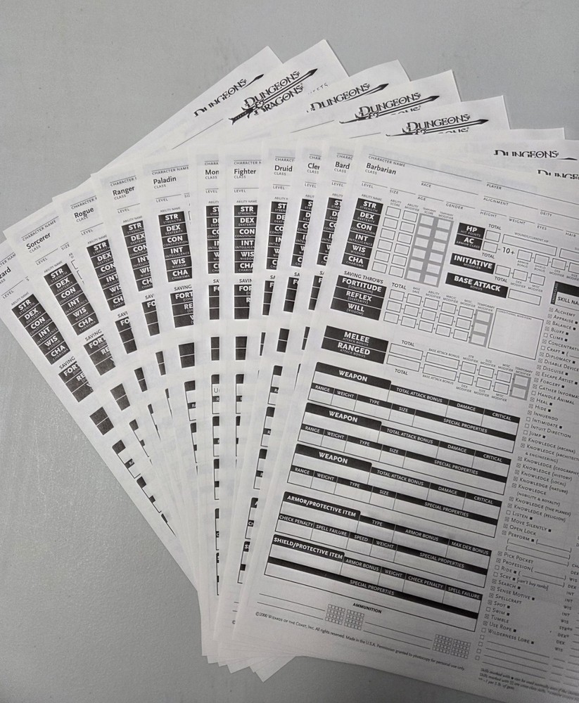 Dungeons & Dragons WotC D&D 3rd Ed Character Sheets 3.0 VG+