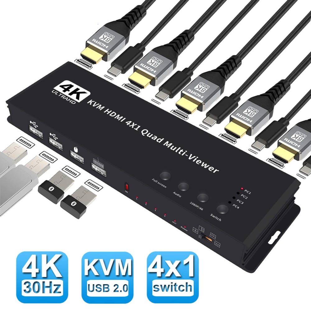 Hotkey 4K 4x1 KVM HDMI Quad Multi-Viewer Display Switch Vedio Wall Controller t