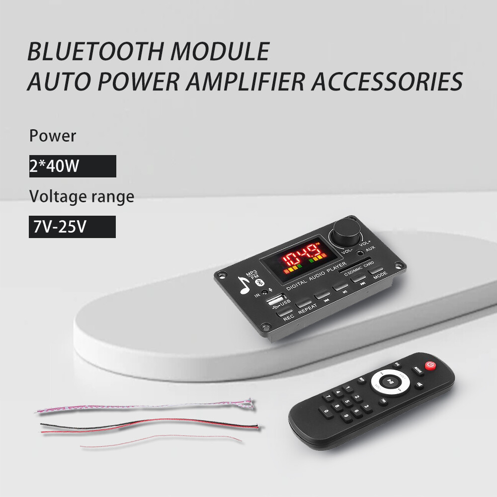 Amplifier Decoder Board 2 x 40W with Bluetooth 5.0, MP3 Player and IR FM Radio,