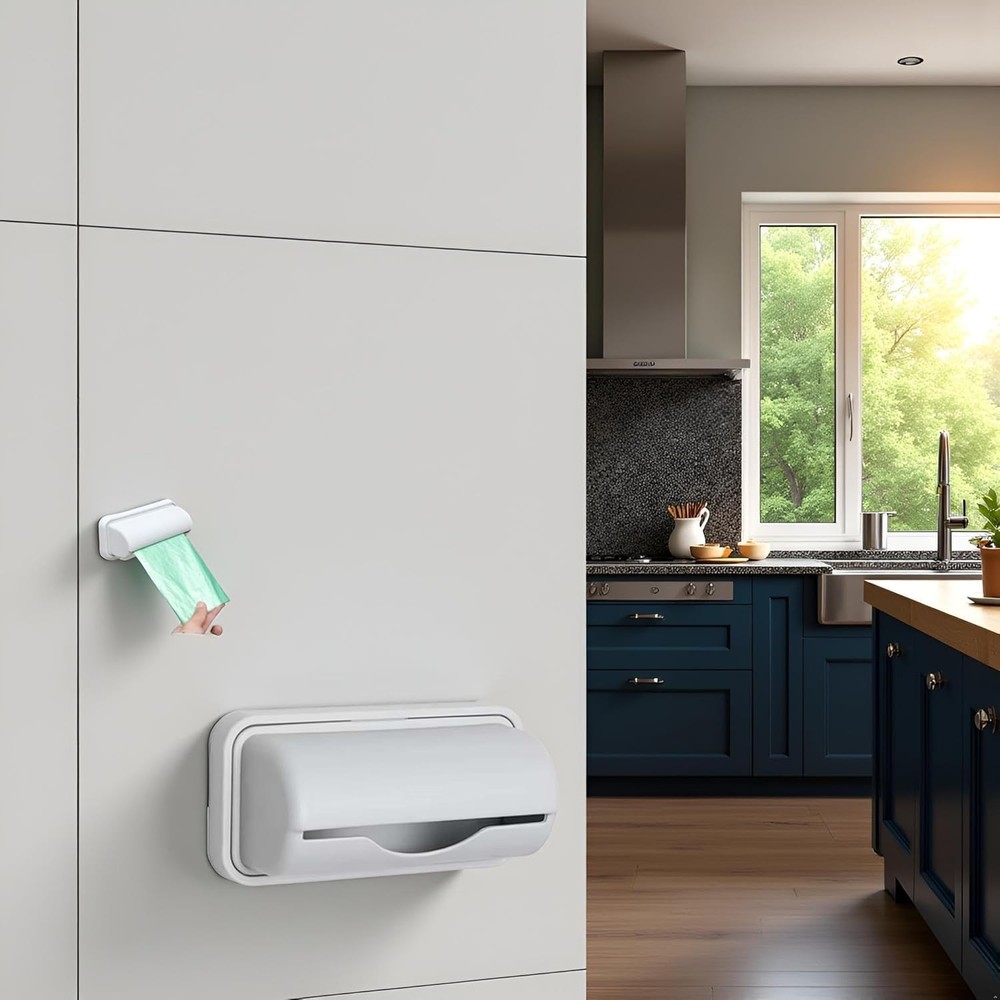 Gray wall-mounted garbage bag dispenser, small kitchen storage accessory