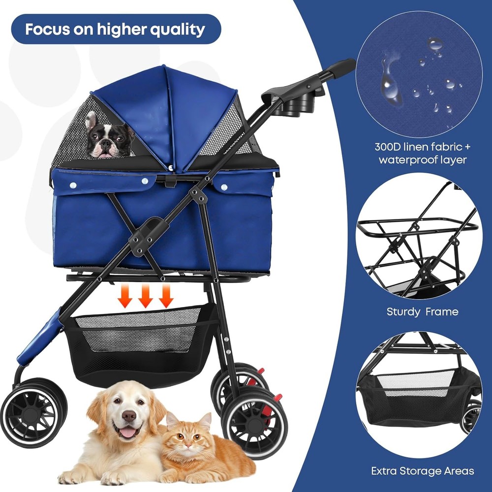 Pet Stroller,Dog Stroller Small Medium Dogs Cats,3 Wheels,Foldable,with