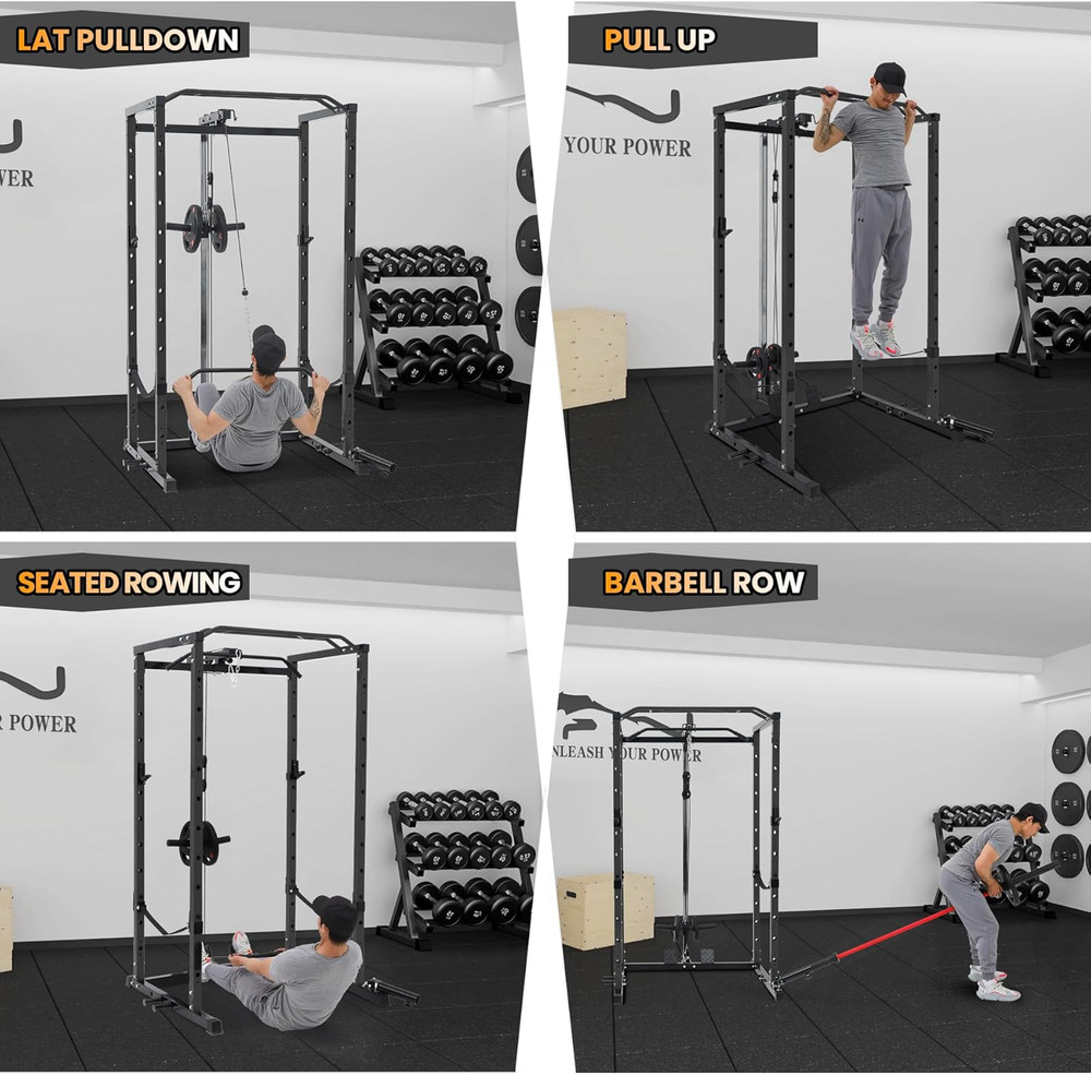 Power Cage, Multi-Function Squat Rack with LAT Pulldown, 1600 LBS Weight Capacit