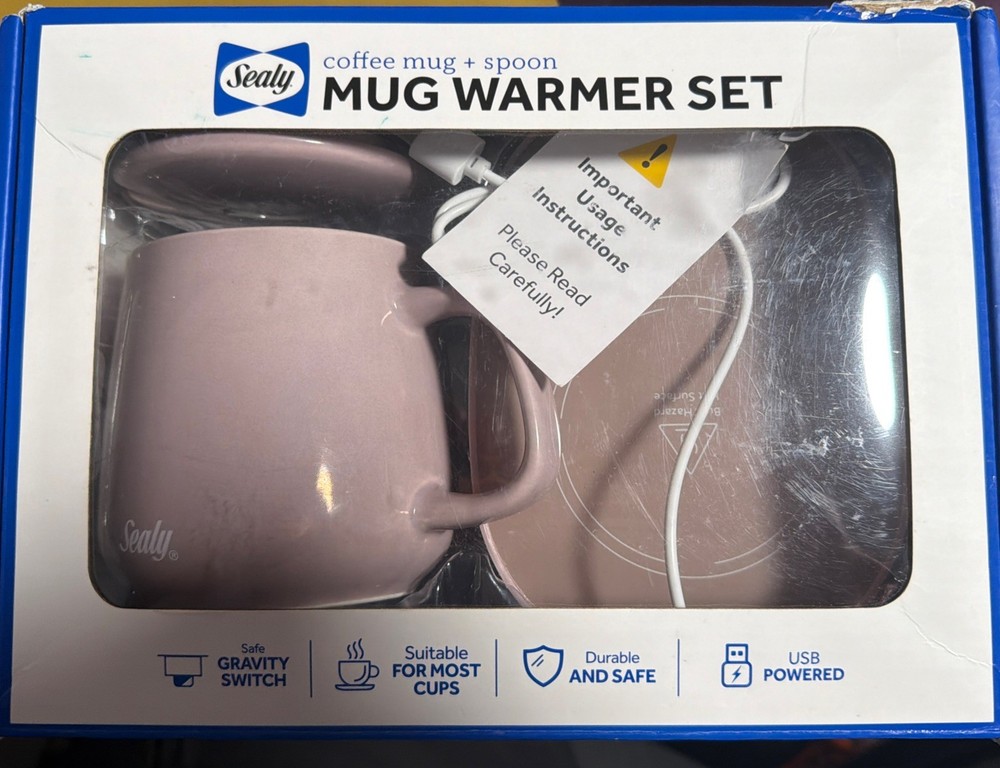 Sealy Coffee Mug & Mug Warmer 2Pc Set, USB Powered, Temp Control, Gravity Switch