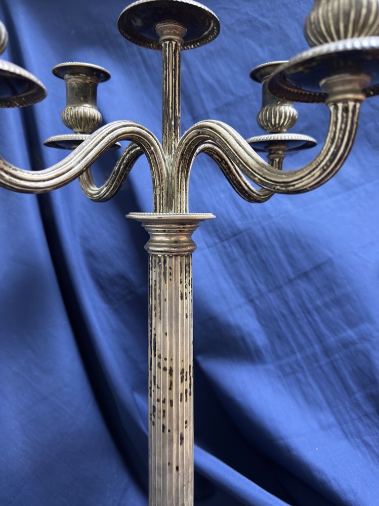 Pair Solid Silver 5-Light Candelabra Neoclassical Column Candlesticks 2.9lb Each