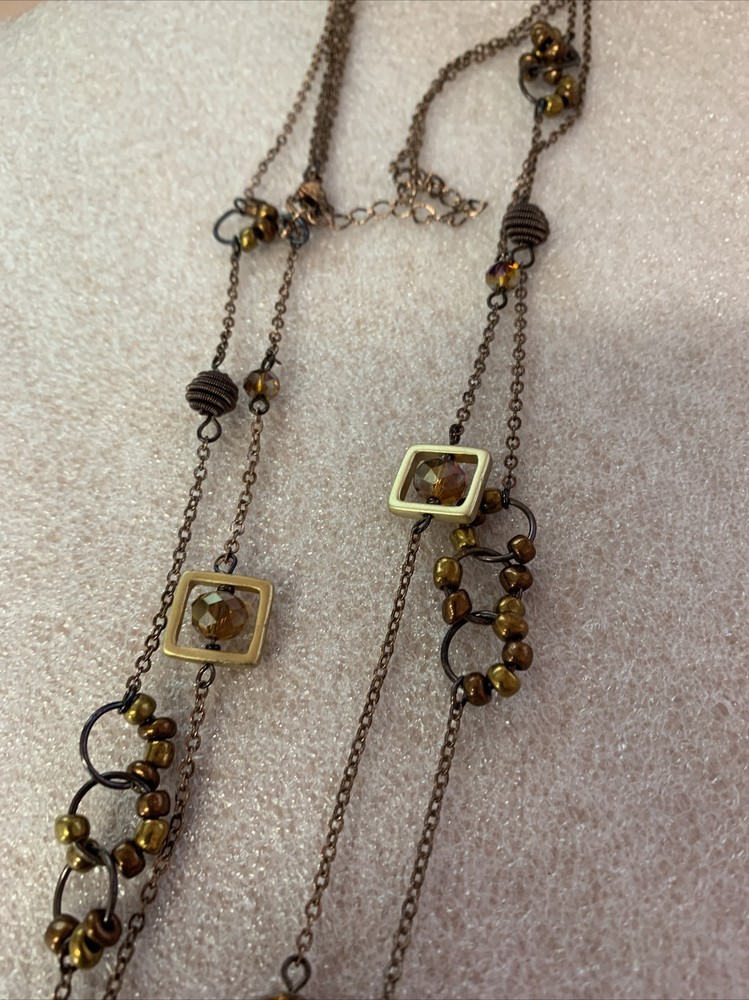Multi-Strand Gold TONE Chain Amber Bead Necklace