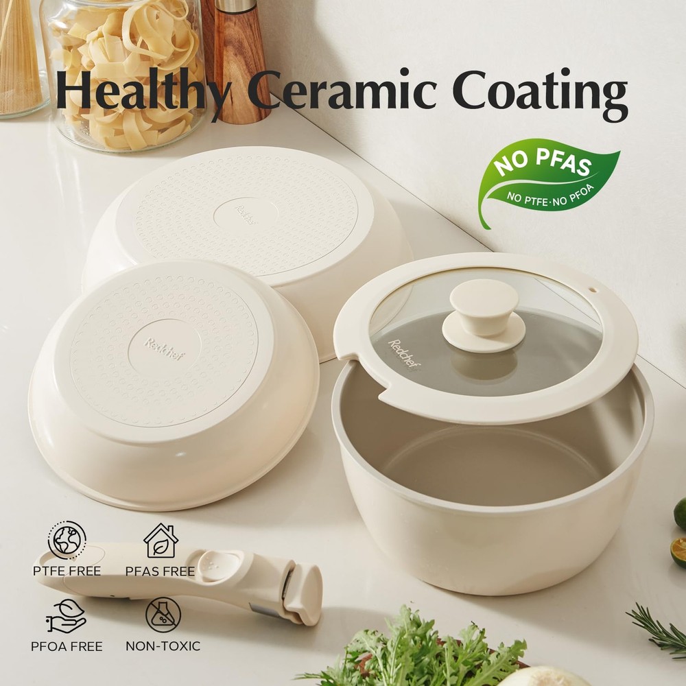 Ceramic Pots and Pans Set, Nonstick Kitchen Cookware Set with Detachable Hand...