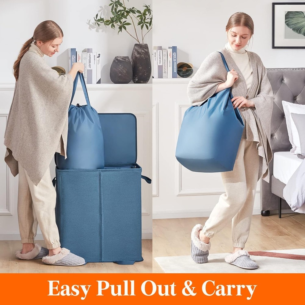 Double Laundry Hamper W/ Lid & Removable Laundry Bags Large Collapsible 2