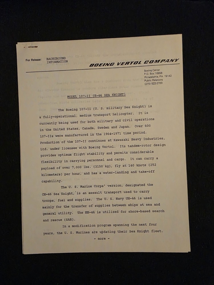 Boeing Vertol Helicopters Vintage Press Kit