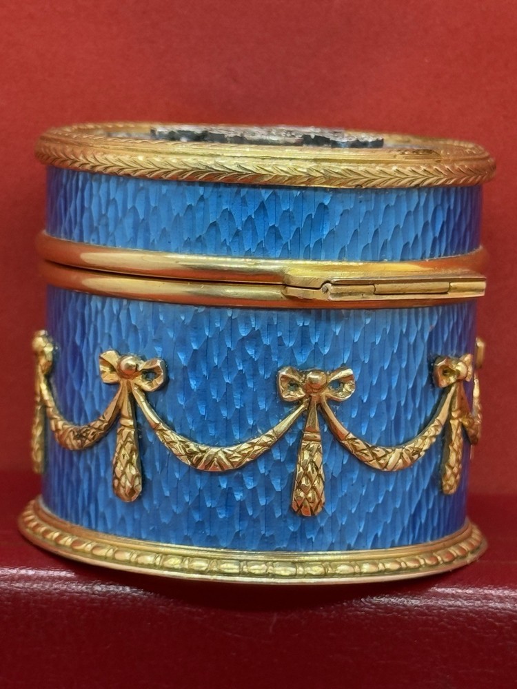 Antique Gilt Enamel Guilloche Solid Silver Diamond Snuff Pill Box Mint Condition