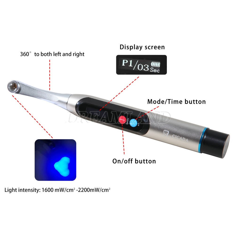 Dental LED Curing Light Wireless 1 Second Cure Lamp Wide Spectrum Max Intensity