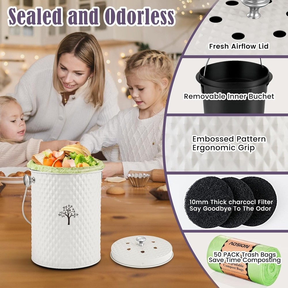 Elegant Odorless Countertop Compost Bin - 1 Gallon Eco-Friendly Kitchen Solution