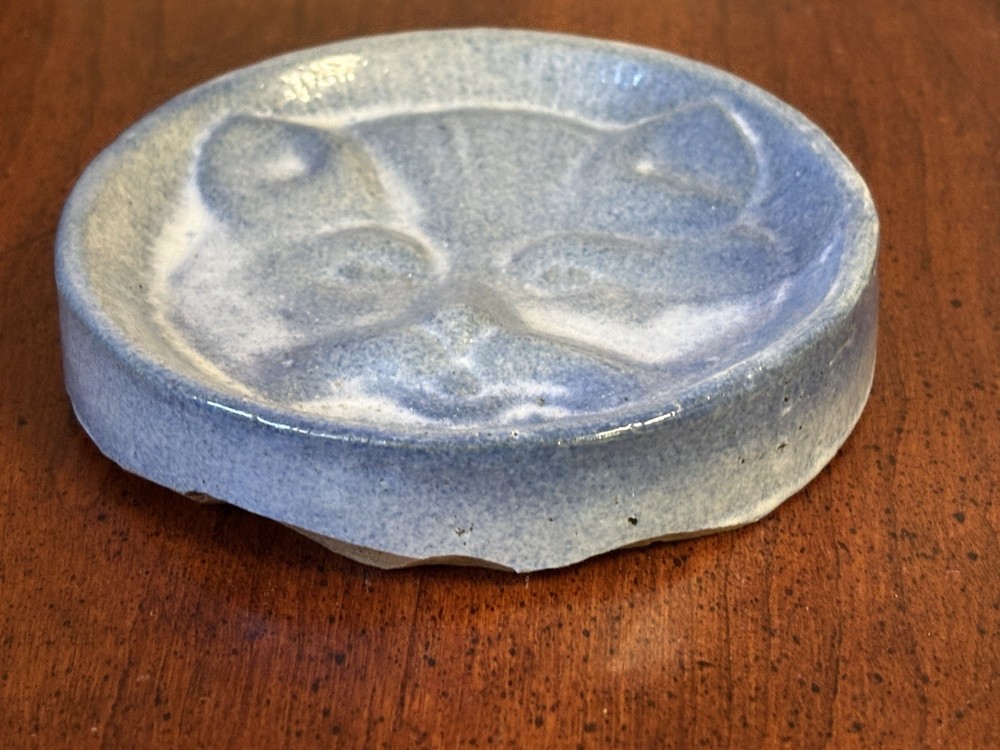 Salt Glazed Blue Cat Face Stoneware Pottery