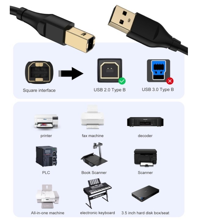 HP Printer Cable 6ft, Square USB A to USB B Cable for Printer/Scanner Epson,..