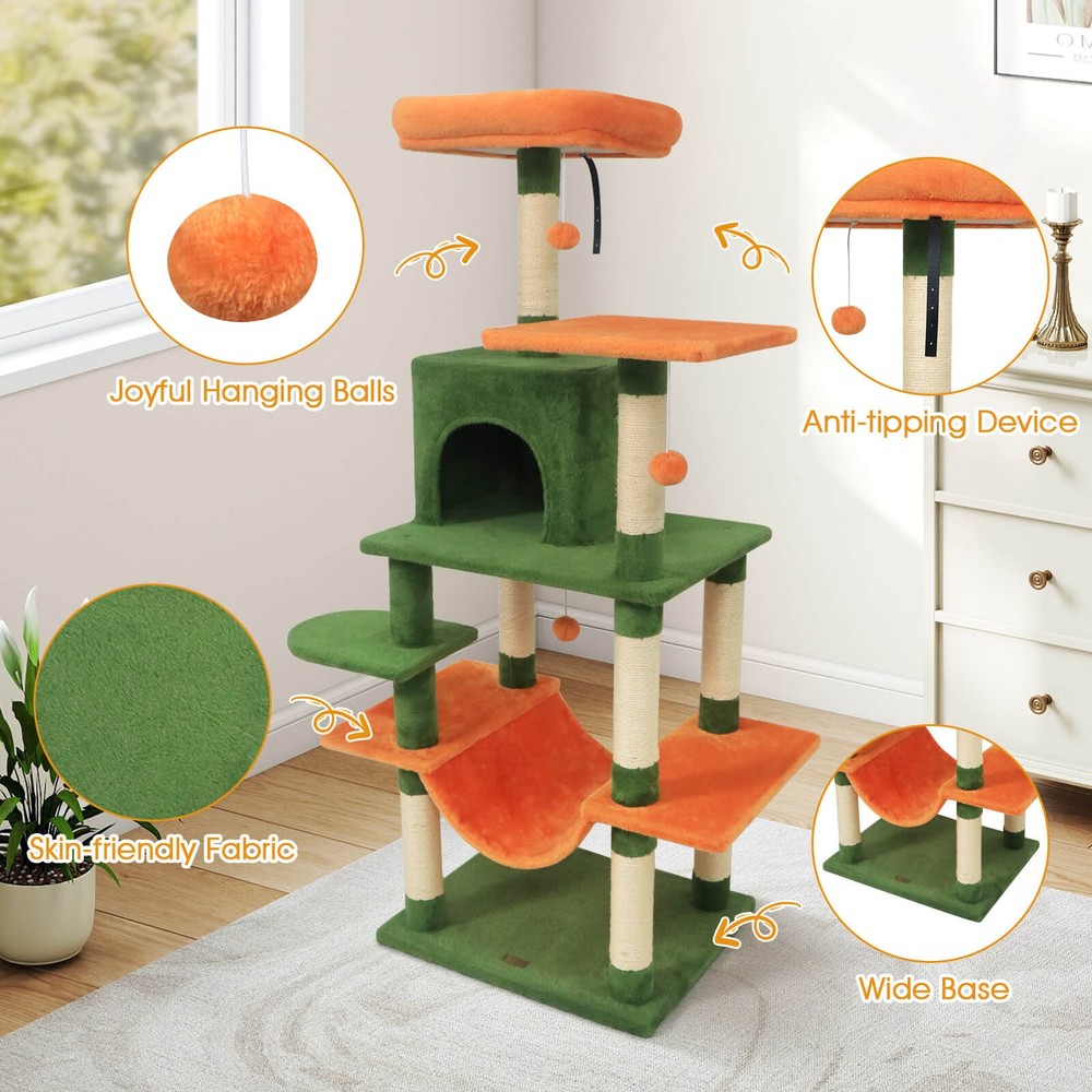 58” Tall Multi-level Cat Tree w/Upholstered Perch & Cat Condo, Comfy Hammock