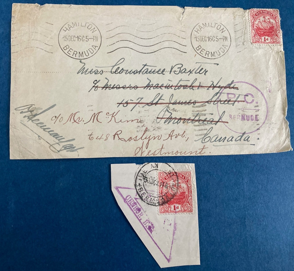 Postal History Bermuda 1916 Front to Canada & Censor Triangle Piece 1916