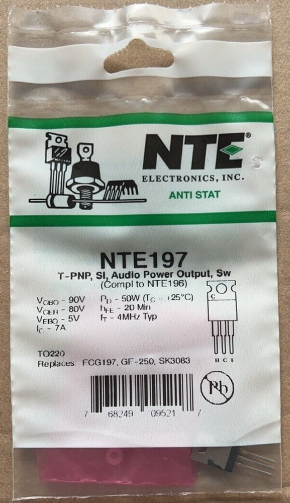 NTE197 Transistor PNP Audio Power Output, Switch 90V 7A