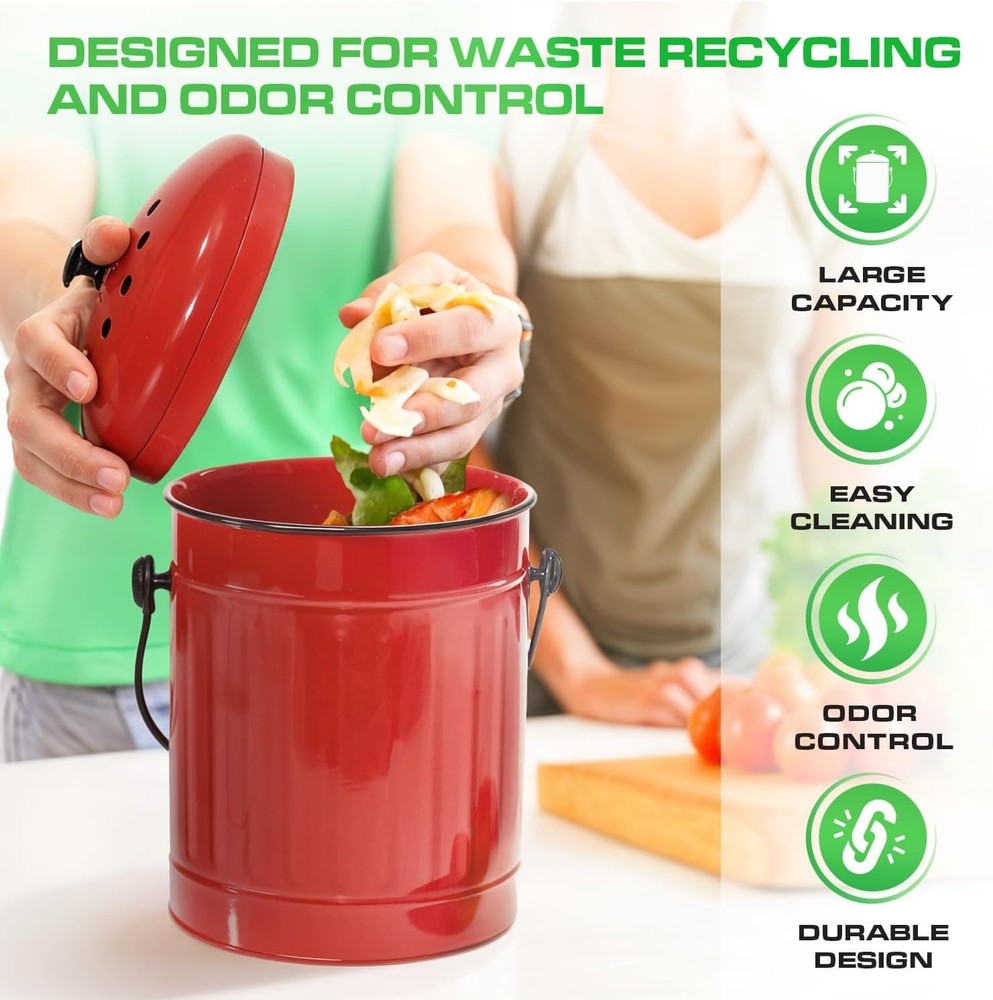 Countertop Compost Bin Kitchen W/ Lid Red 1.5 Gallon Odorless Compost Container
