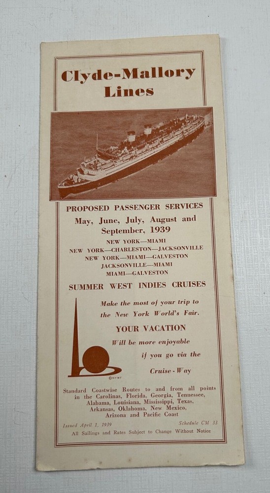 Ship Ephemera Clyde Mallory Lines 1939 Passenger Services