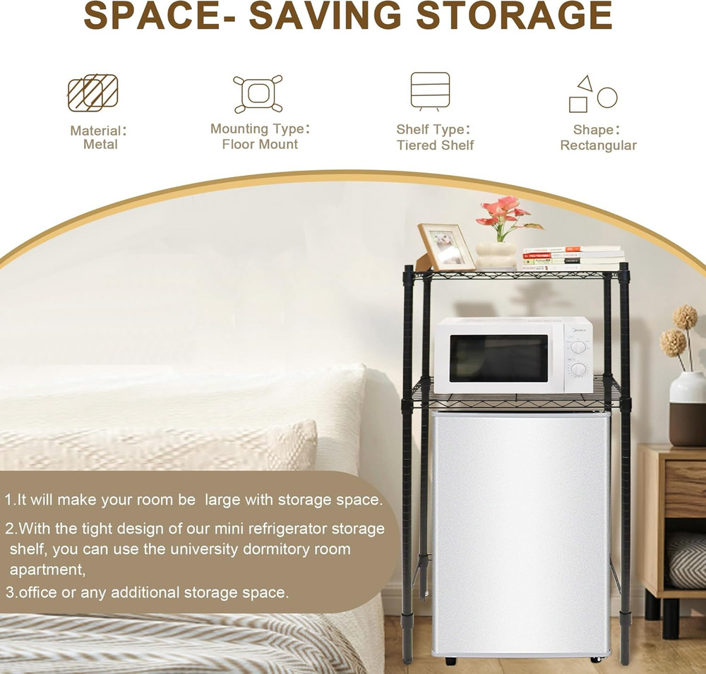 Mini Fridge Shelf，Over Mini Fridge Storage and Microwave Stand, Multi-Purpose Mi