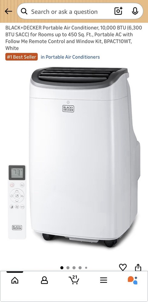 Black+Decker Portable Air Conditioner 10000 BTU with Remote Control White
