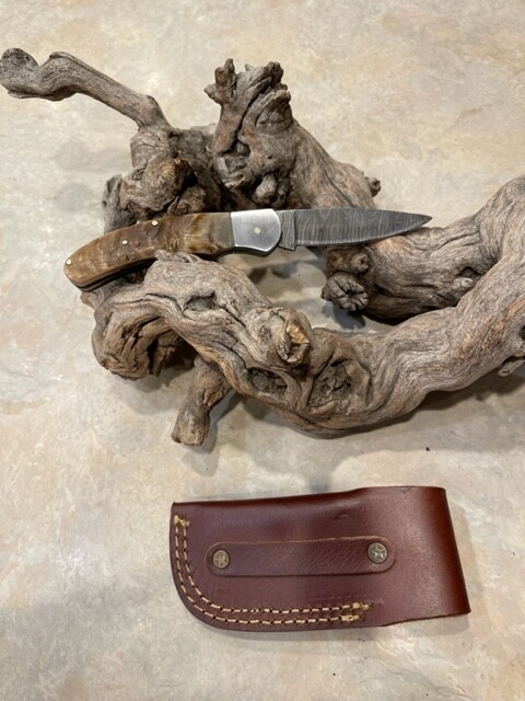 Big Damascus folding blade knife w/ Rams horn handle & leather sheath hand made