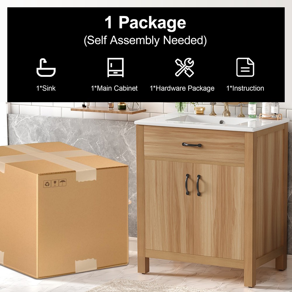 30" Wood Bathroom Vanity with Solid Wood Frame, 2 Soft Close Doors,1 Flip Drawer