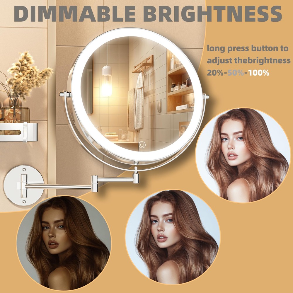 8.5" Wall Mounted Makeup Mirror with Light, 2000mAh Rechargeable Double Sided...