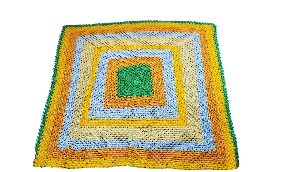 vintage handmade crochet afghan multi color square pattern bright retro mcm