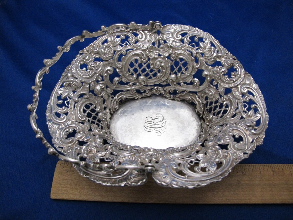Nice Small VICTORIAN Sterling PIERCED SWING HANDLE BASKET-Repousse Scrolls