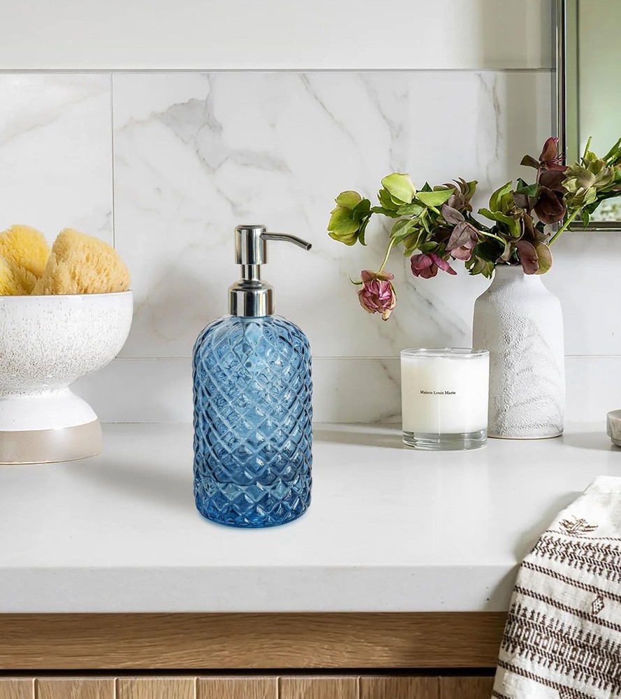 18Oz Gem Patterned Glass Soap Dispenser for Kitchen and Bathroom, Refillable ...