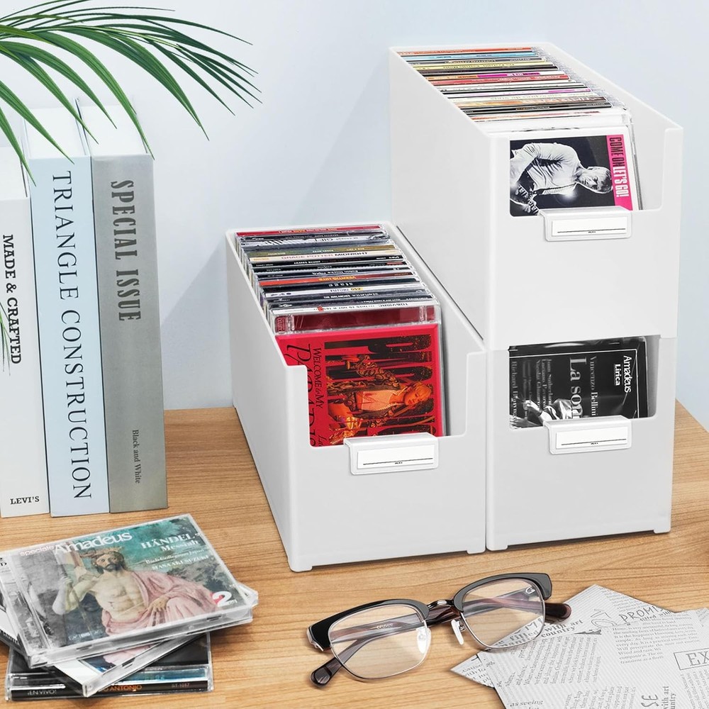 CD Storage Box, Stackable Plastic CD Organizer, Hold Up to 25 CDs, CD Storage Ca