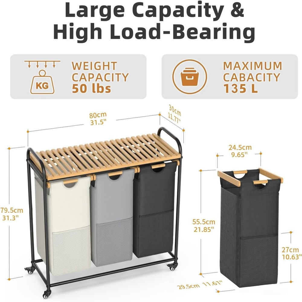 Laundry Sorter 2 Section Laundry Hampers W/ Removable Shelf & Pull-Out Bags