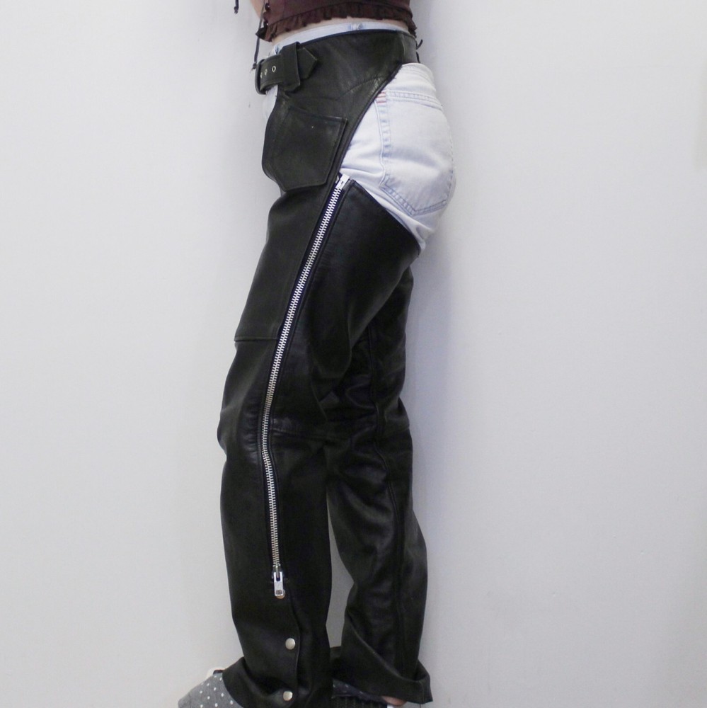 Vintage Y2k Leather Chaps Adjustable Biker Outside Zip Chaps